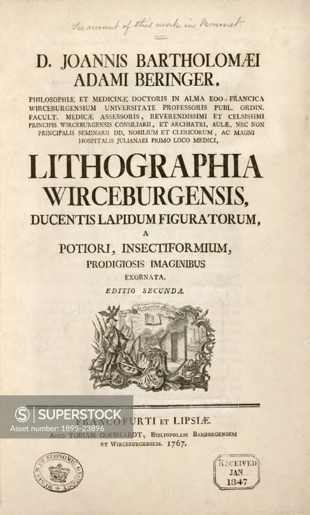Title page from the second edition of Lithographiae Wirceburgensis’ (Wurzburg Lithography’) by Joannes Bartholomaeus Beringer (d 1740) published in ...