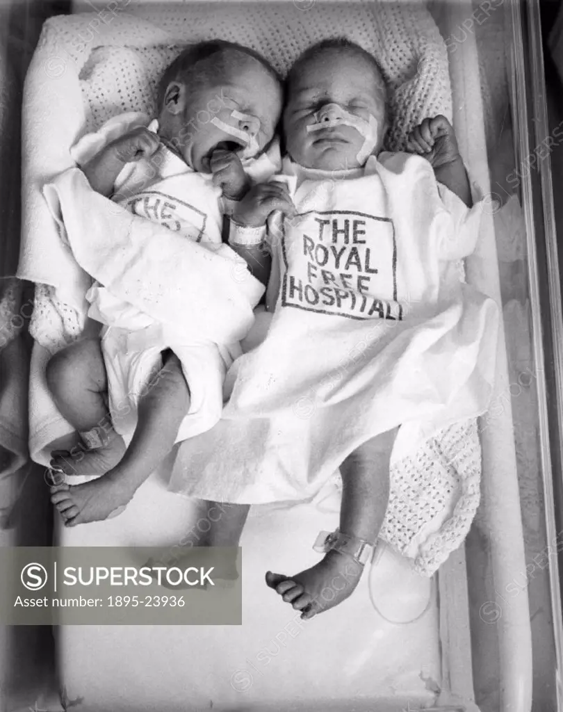 The test tube twins of Jo and Stewart Smith of Stockport, Greater Manchester, asleep in a cot at the Royal Free Hospital, shortly after birth. Photogr...