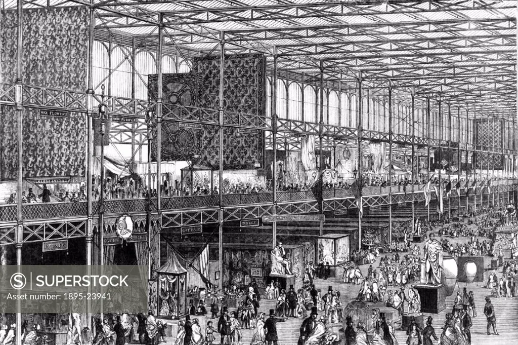 Plate from the Illustrated London News’.  Inside Crystal Palace in Hyde Park, visitors admire the ´Great Exhibition of the Works of the Industry of a...