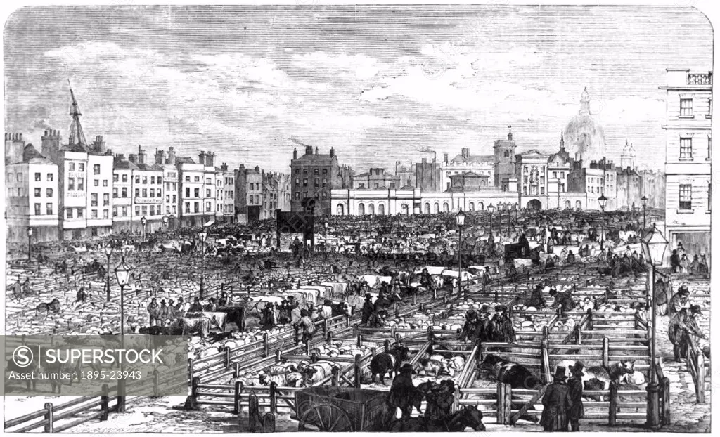 Plate from the Illustrated London News’. Smithfield market, begun in 1798, was notoriously crowded and filthy, Dickens giving the following descripti...