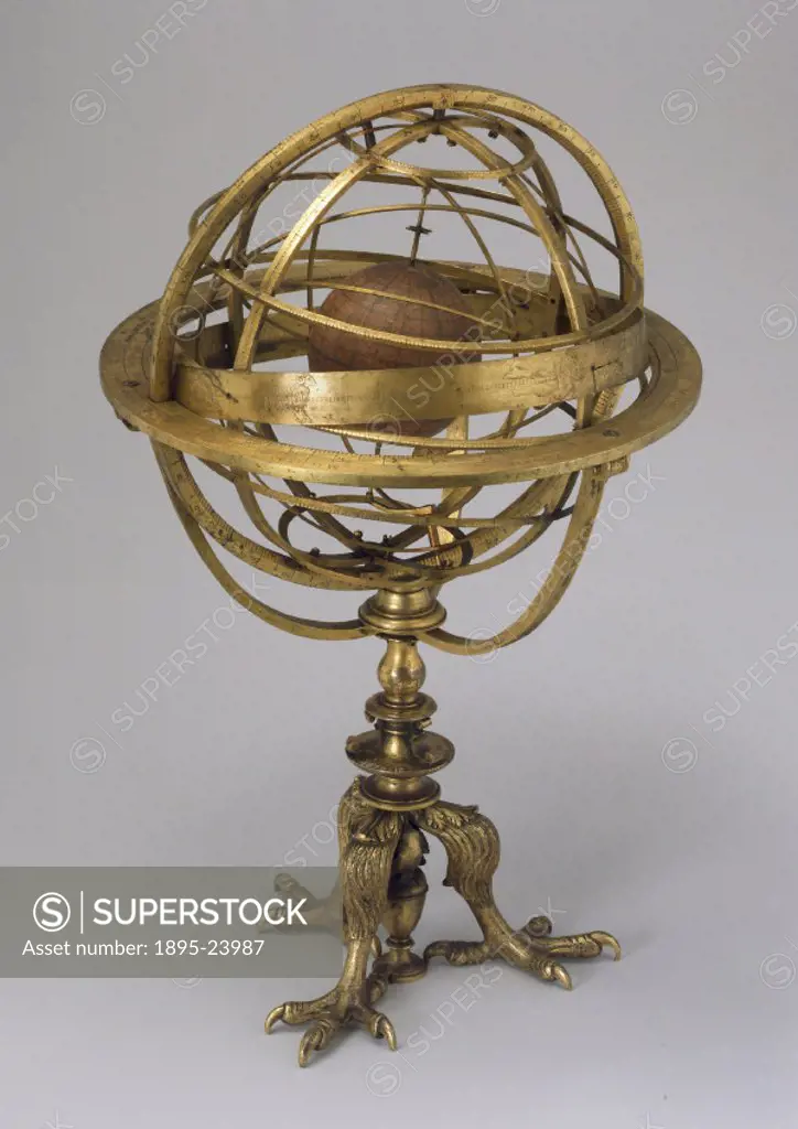 Mounted on a triple clawed foot stand with an inner wooden sphere representing the earth. The inscription reads Hieronymus Carmilli Vulpariae, Floren...