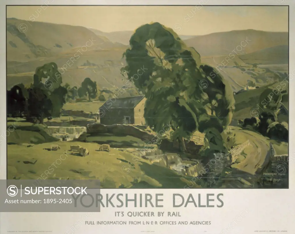 Poster produced for London & North Eastern Railway (LNER) to promote rail travel to the Yorkshire Dales. The poster shows a view of the Dales, with so...