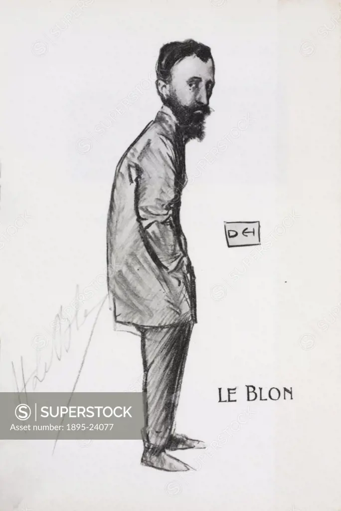 Cartoon of Le Blon. Drawn by Dudley Hardy for the Doncaster Aviation Meeting Souvenir Programme from 15-23 October 1909, the First Flying Meeting in E...