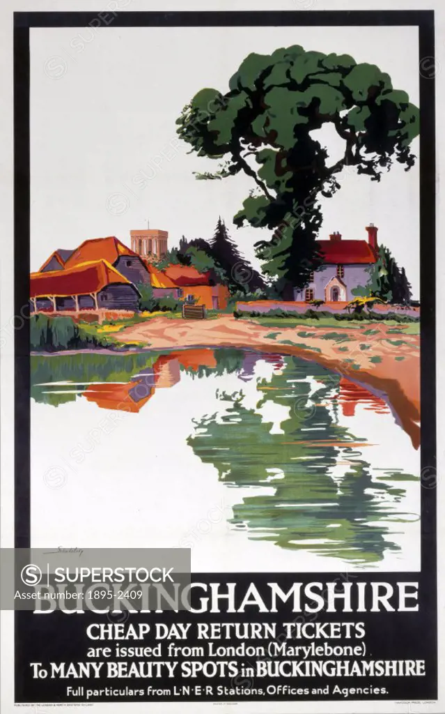 Poster produced for the London & North Eastern Railway (LNER), promoting rail travel to rural beauty spots in the county of Buckinghamshire, showing a...