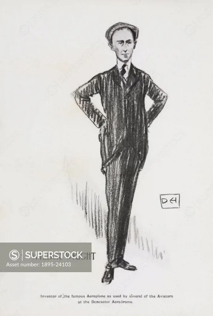This cartoon of Wilbur Wright (1867-1912) was drawn by Dudley Hardy for the Doncaster Aviation Meeting Souvenir Programme from 15-23 October 1909, the...