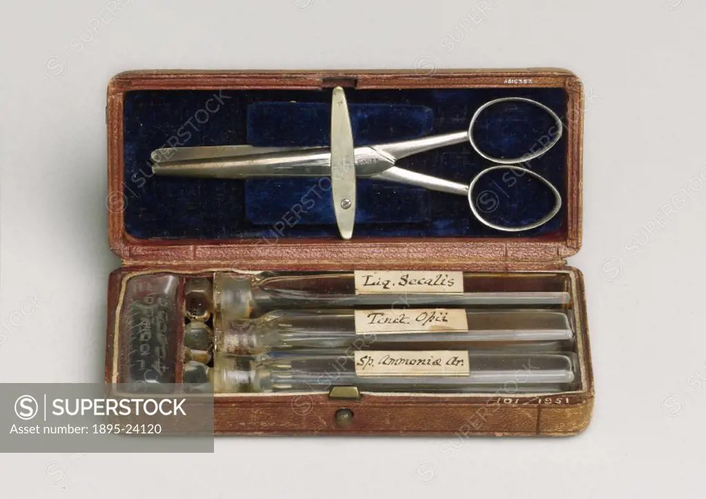 View showing the case open and the contents revealed. Haemostatic sets were commonly used in the 19th century to control post-partum bleeding. This po...