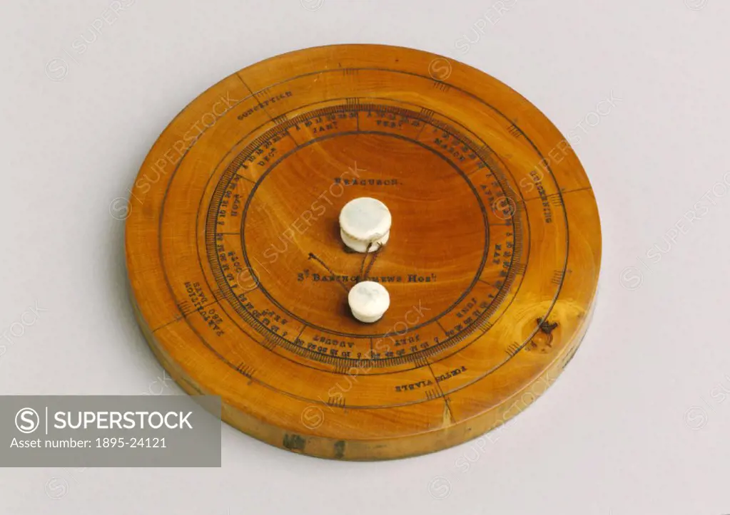 This calendar was designed for calculating the time of parturition (childbirth) and is made out of wood and ivory. The outer wheel is divided into fou...