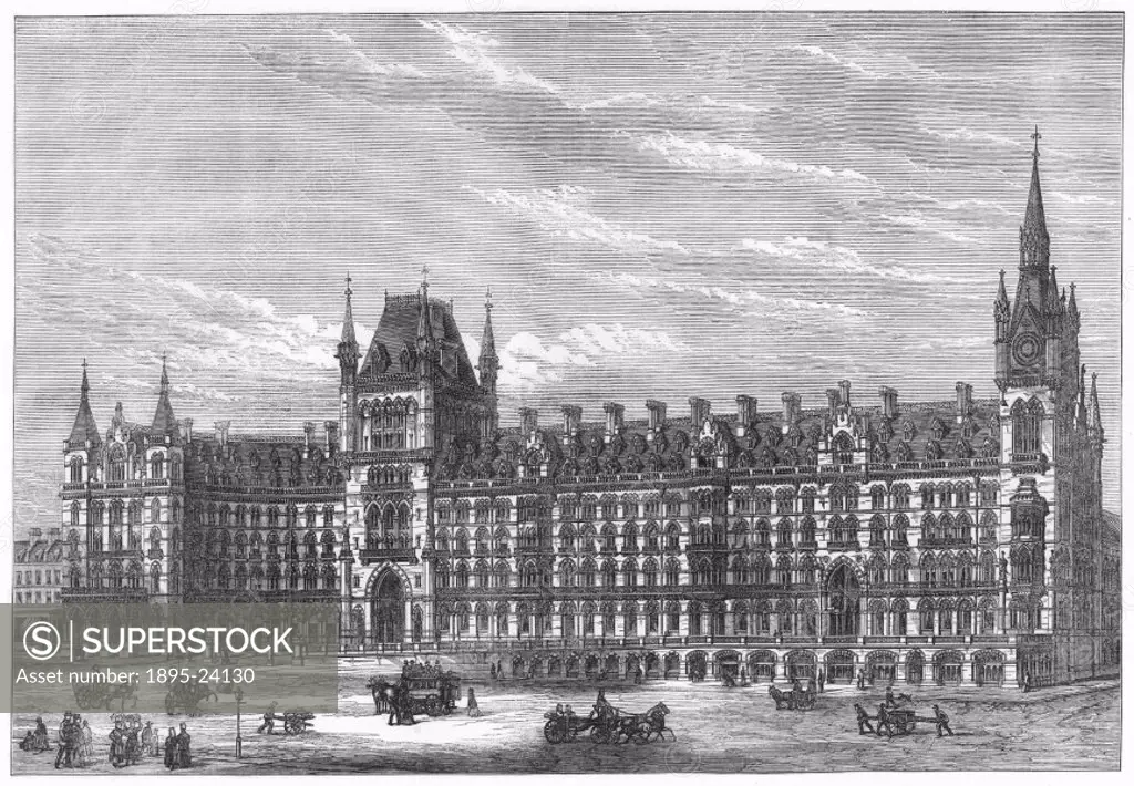 Plate taken from the Illustrated London News. St Pancras Station and Midland Grand Hotel were designed by George Gilbert Scott (1811-1878). St Pancras...