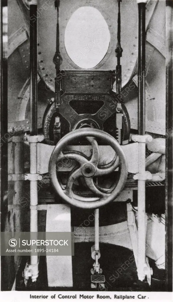 Detail of the control motor room of George Bennies railplane. Between 1929-1930, Scottish engineer Bennie (1892-1957) built a monorail ‘railplane te...