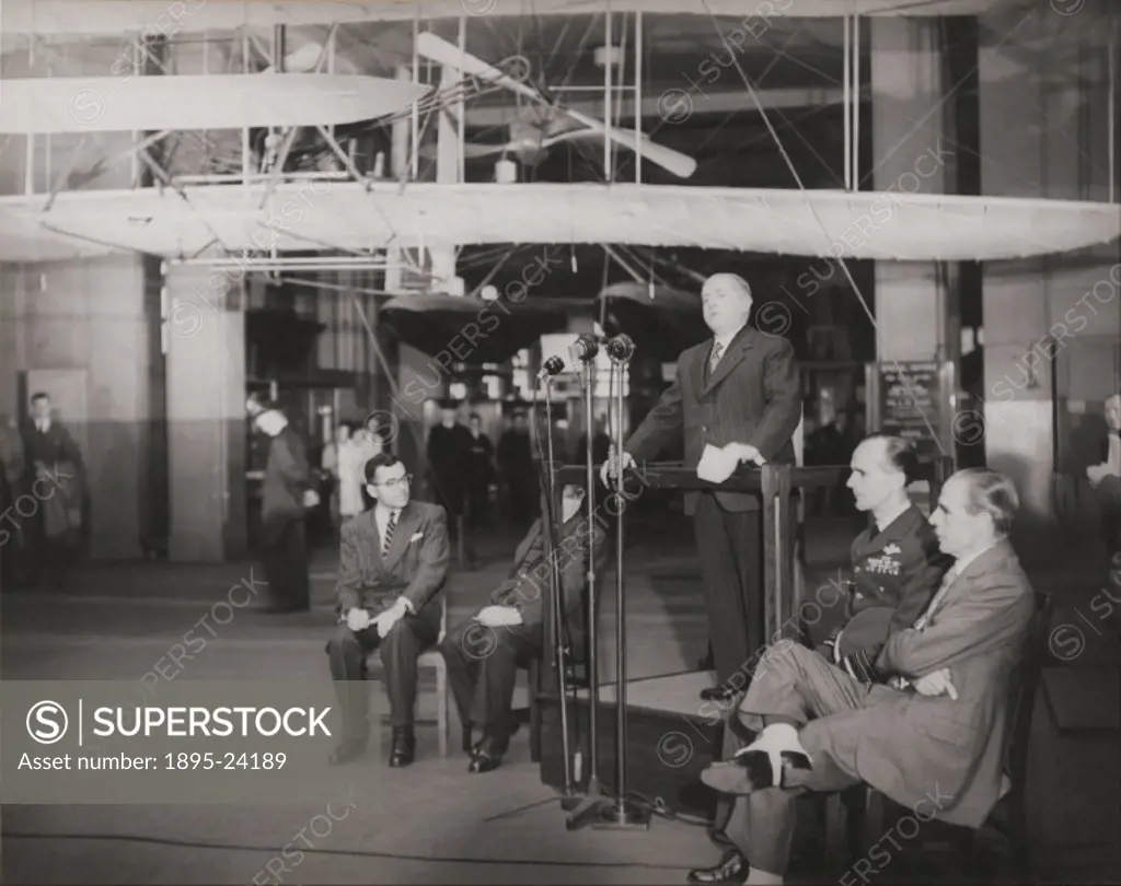 Dr Shaw, Director of the Science Museum, London, speaking during the ceremony held to mark the return of  the Wright Flyer to America in November 1948...