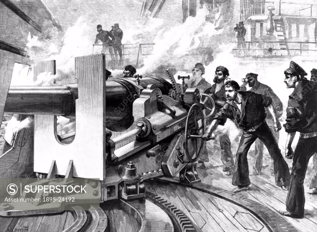 Plate taken from the Illustrated London News’ (Vol 89/1 p 244). The handle is being used to aim the heavy gun, which rests on a track. Naval innovati...