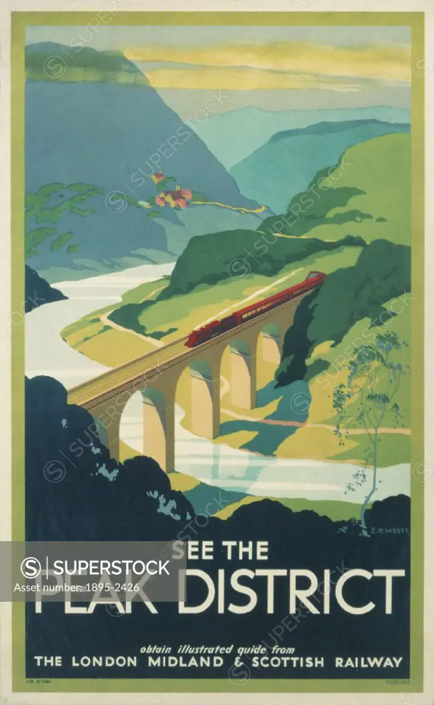 Poster produced by London, Midland & Scottish Railway (LMS) to promote rail travel to the Peak District. The poster shows a birds-eye view of a train...