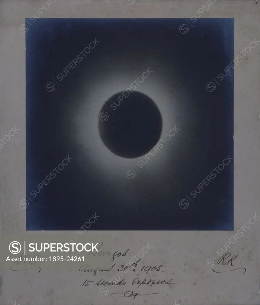 An early photograph of a solar eclipse at Burgos in Spain in August, 1905. The photograph was take on a 15 second exposure and the print is annotated ...