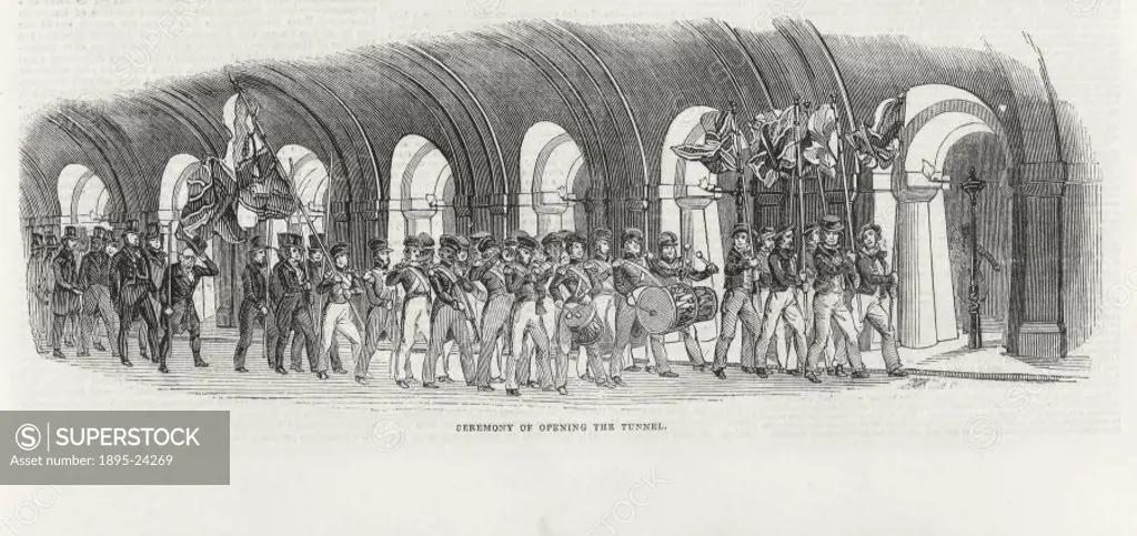 Plate taken from the Illustrated London News’ (1843), showing a marching band leading a procession during the opening of Marc Isambard Brunel’s Thame...