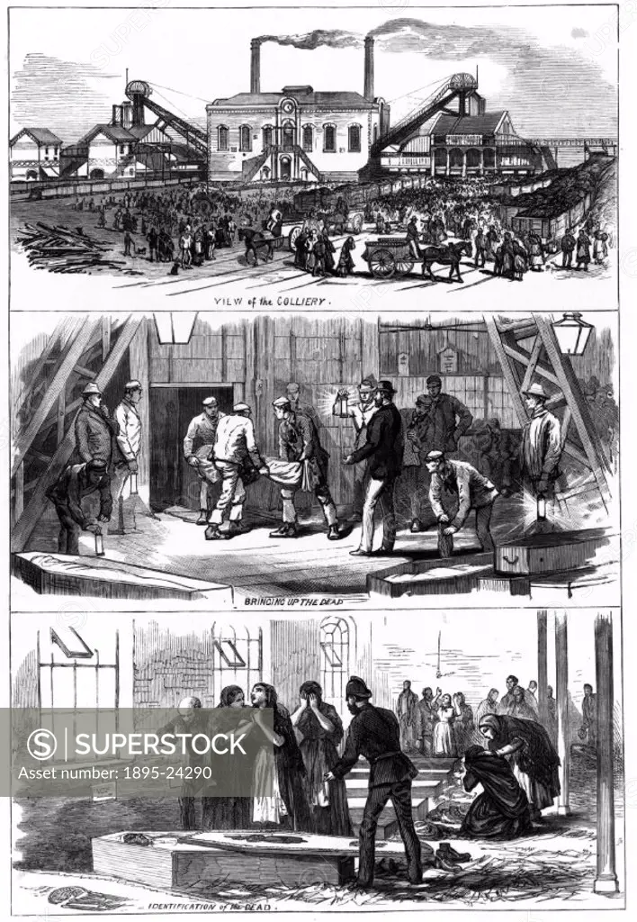 Engraving taken from the Illustrated London News’ depicting the aftermath of an explosion at a coal mine in Wigan, Lancashire, in 1877. The three ima...