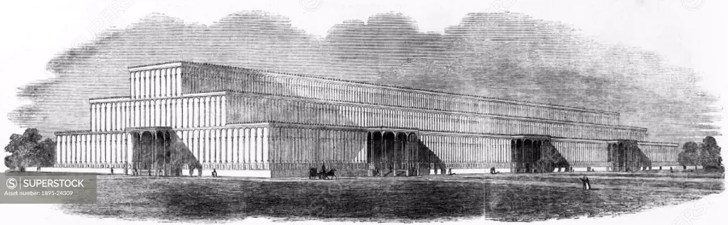 Engraving taken from the ´Illustrated London News´ , showing Paxton´s successful design for the Crystal Palace, submitted after Isambard Kingdom Brune...
