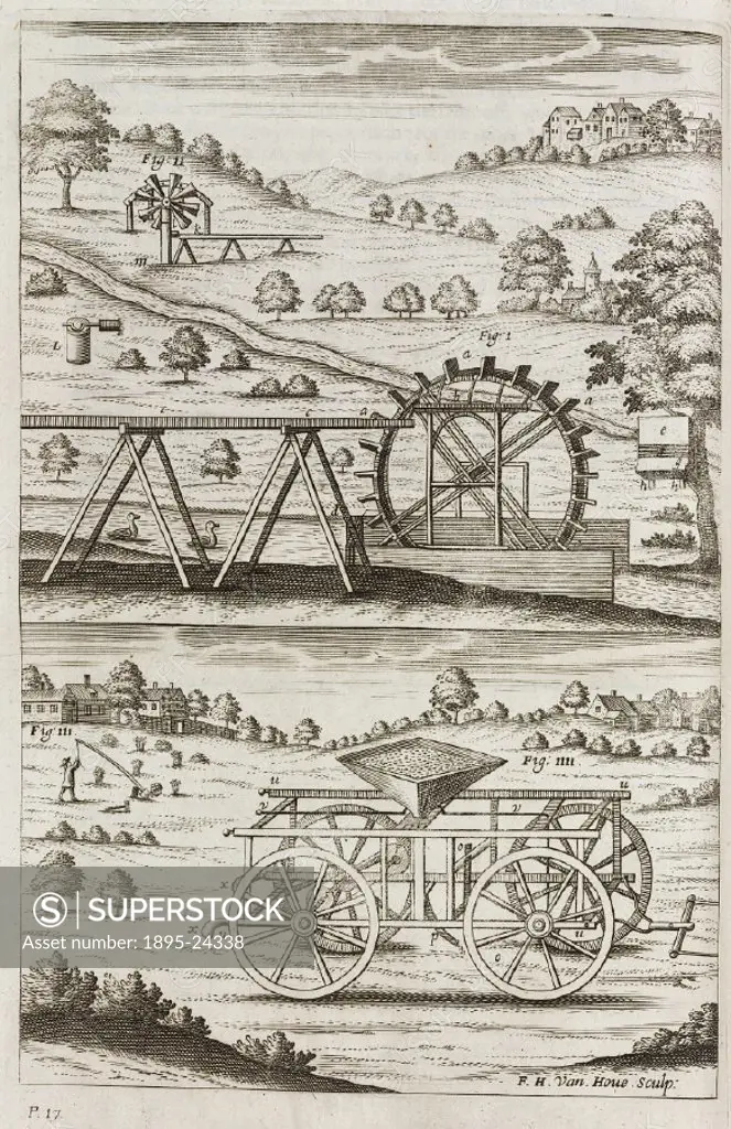 Engraving by F H van Houe showing a variety of agricultural devices including a windmill at the top left. In the centre is a Persian Wheel, used to ra...