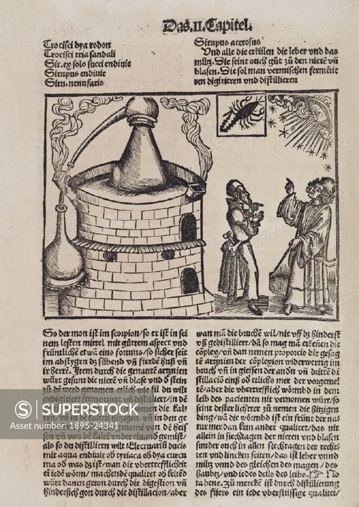 Woodcut showing (left), a distillation still, repeated from earlier woodcuts. The two figures (right), probably astrologers, are surmounted by the sym...
