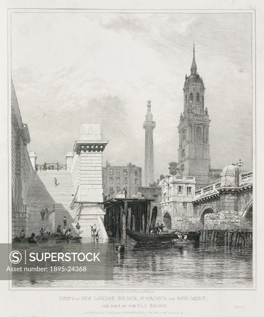 Steps of New London Bridge, St Magnus, the Monument, and part of the Old Bridge’. Etching by Edward William Cooke (1811-1880) from his Views of the ...