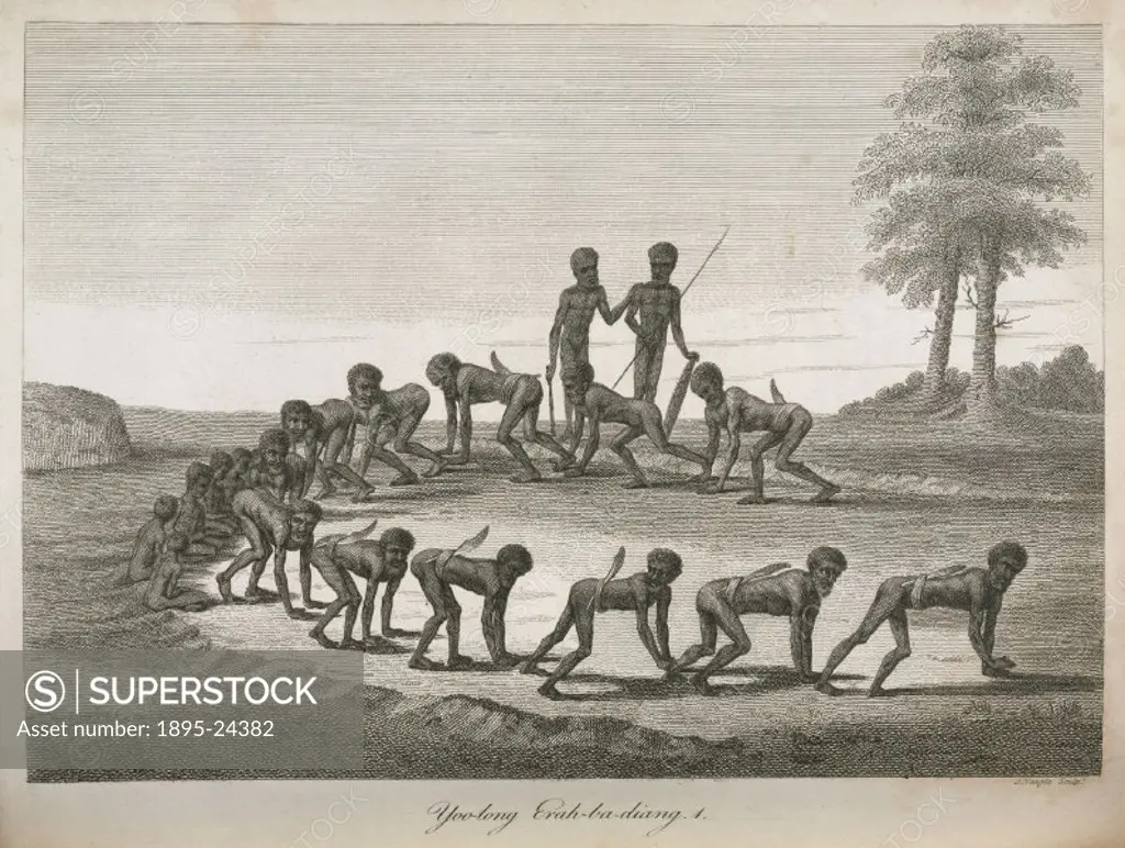 Engraving by Neagle of a group of men and boys taking part in an initiation ritual. The wooden swords stuck in their girdles represent the curled tail...