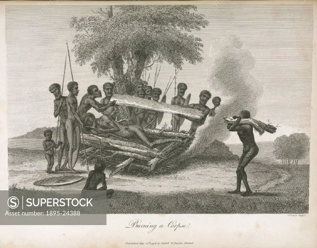 Engraving by Neagle of a group of aboriginal men and boys taking part in a funeral ritual. From An account of the English colony in New South Wales: ...