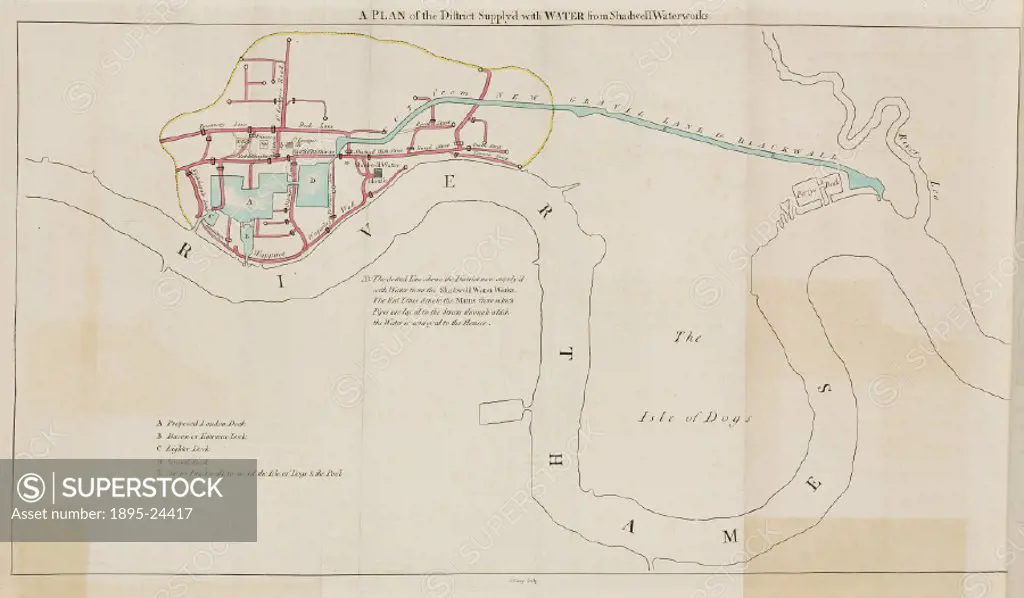 Map of a section of the River Thames, showing proposed improvements to the supply of water in Shadwell. Dotted line shows the district now supplied w...