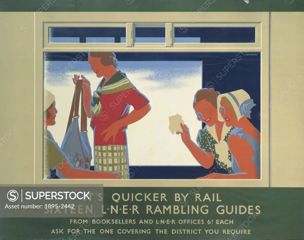 Poster produced for the London & North Eastern Railway (LNER) to promote rail travel to districts popular with ramblers. The poster shows a group of y...