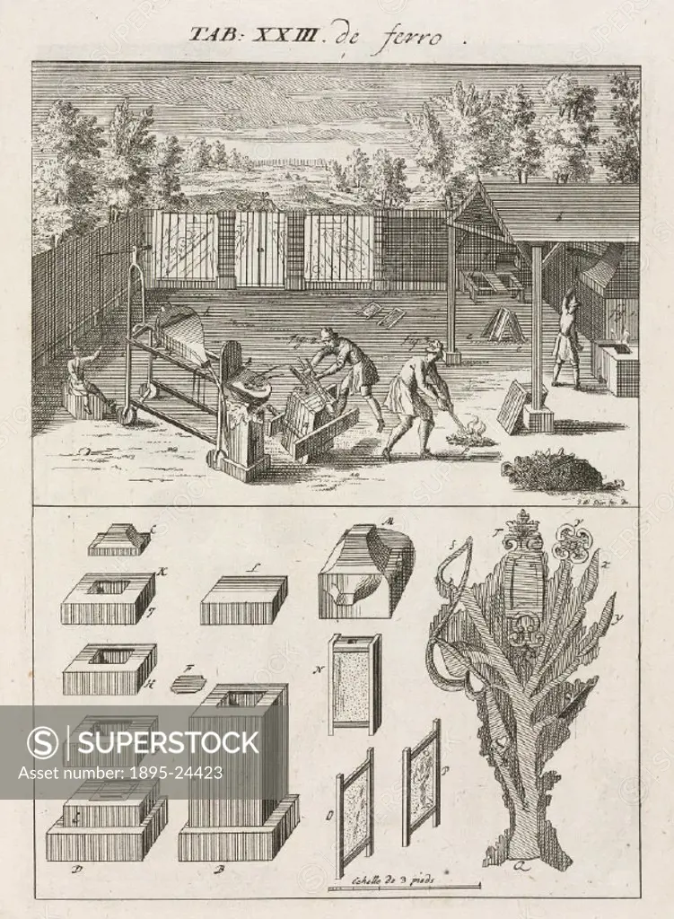 Engraving separated into two parts: a working scene at the top showing processes, and tools and equipment at the bottom. The plate shows the melting o...