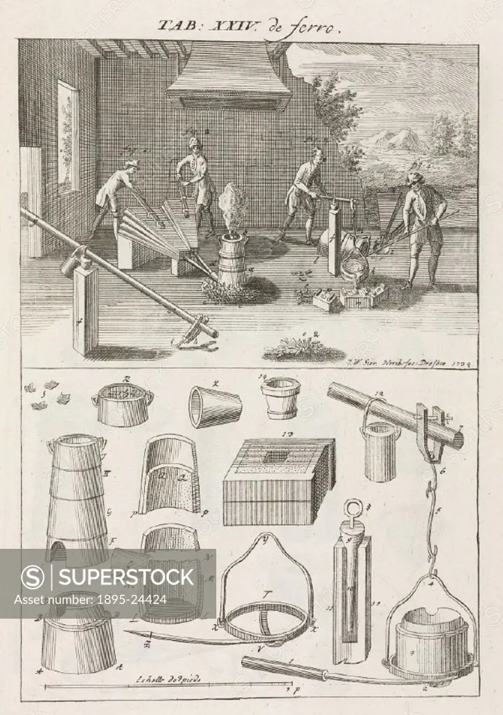Engraving showing ´the ordinary furnace in which cast iron is melted by charging it together with charcoal, without placing it in a special crucible´....