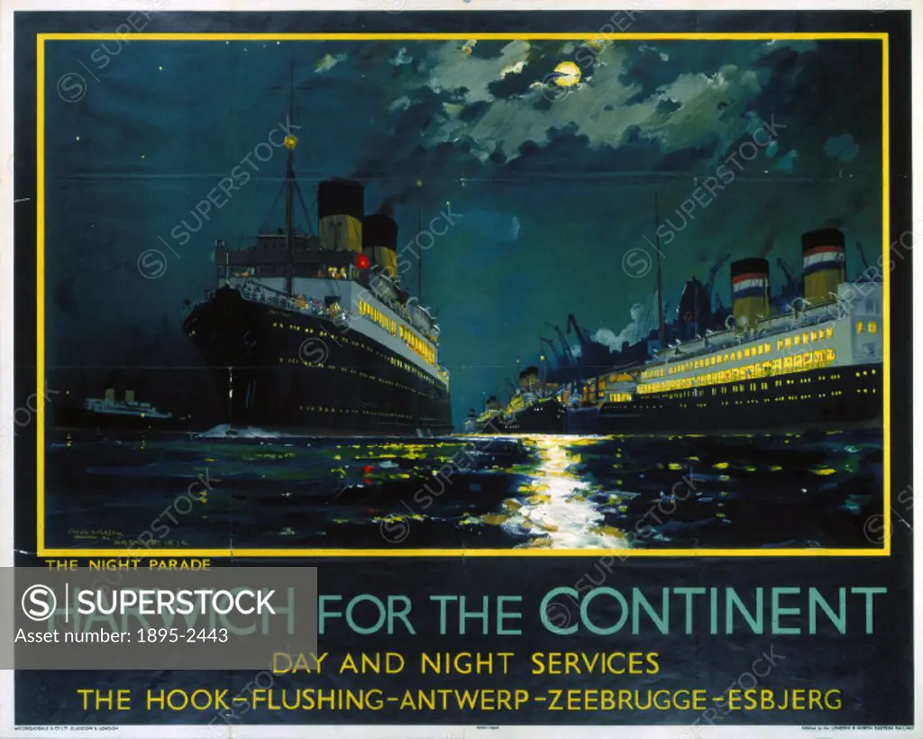 Poster produced for London & North Eastern Railway (LNER) to promote sea services from Harwich to the Continent. The services operated both day and ni...