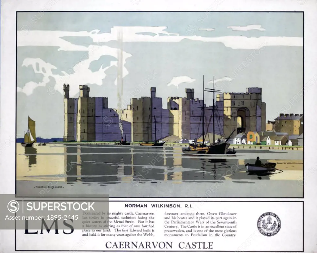 Poster produced by London, Midland & Scottish Railway (LMS) to promote rail services to Caernarvon Castle in Wales. The poster shows a view of the cas...