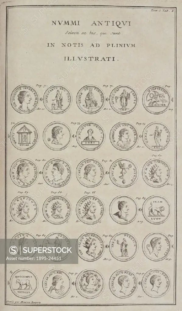 Coins showing the heads of Roman emperors. Illustration from an 18th century edition of Historiae naturalis’ (Natural History) by Pliny the Elder (23...