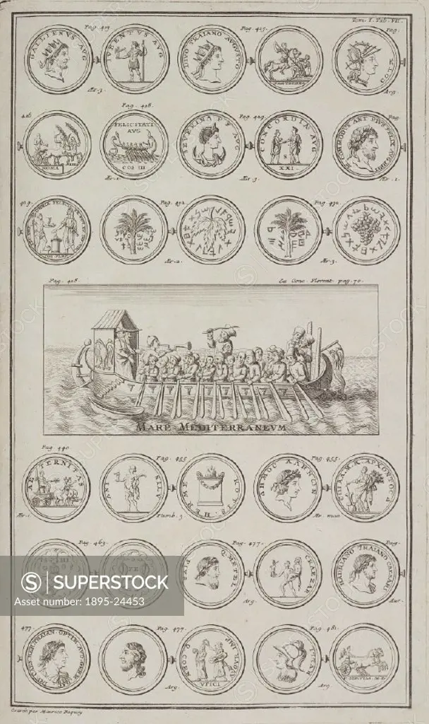 Engraving showing some miserable bearded men being threatened with a whip as they row. Above and below are Greek and Roman coins, some with portraits ...