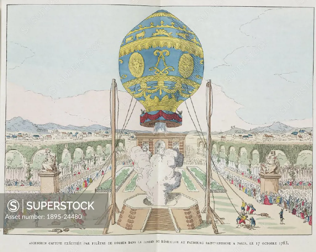 Ascent in a tethered balloon by Jean-Francois Pilatre de Rozier, (1754-1785) at the Jardin de Reveillon. Illustration from Histoire des ballons et de...
