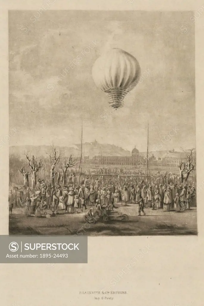 The only recorded flight by Joseph Montgolfier (1740-1810) at Les Brotteaux, near Lyon. After the first hydrogen balloon ascent by Jacques Charles (17...
