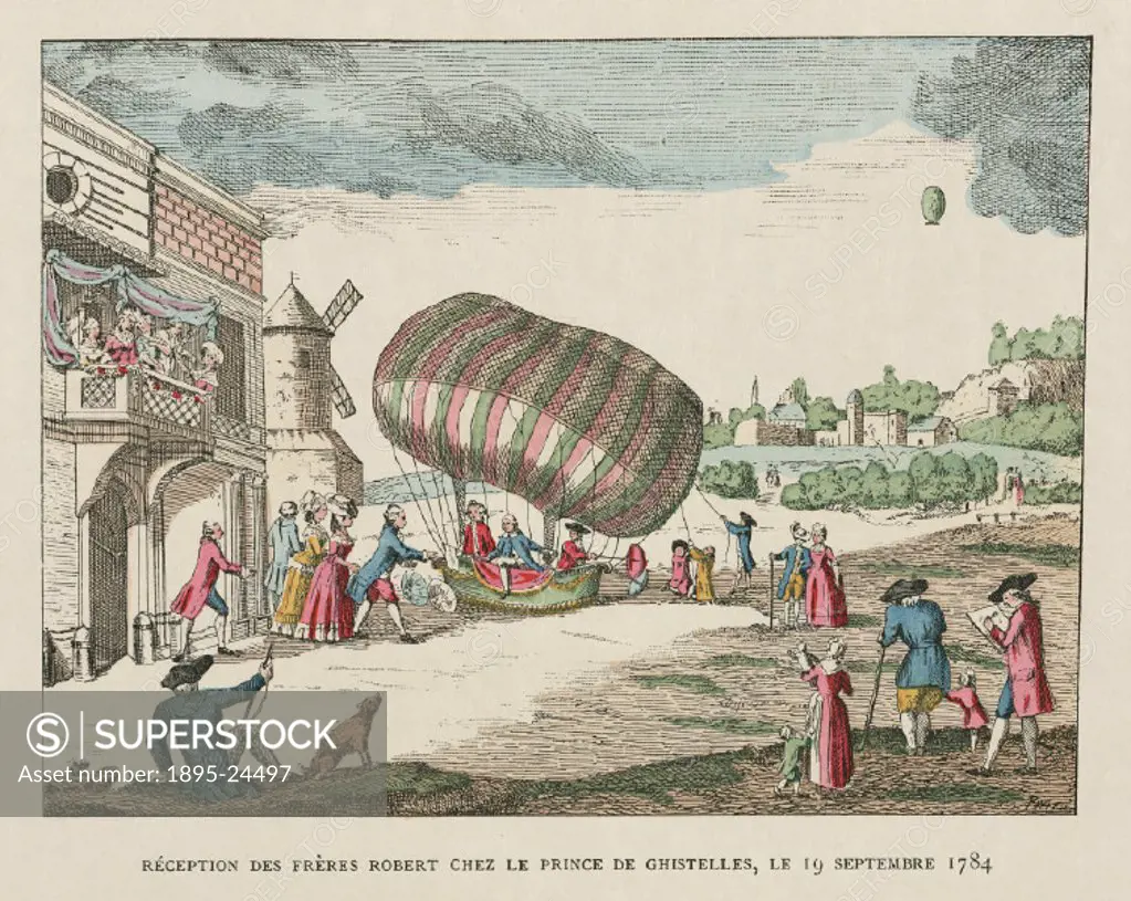 French balloonists Nicolas and Jean Robert, recieved by Philippe-Alexandre-Emmanuel-Francois-Joseph de Ghistelles at his chateau at Beuvry. Illustrati...