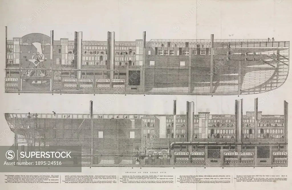 Illustration taken from Pictorial history of the Great Eastern steam-ship’ (published in 1859 or 1860). The Great Eastern’, designed by Isambard Kin...