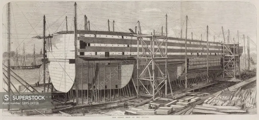 Illustration taken from Pictorial history of the Great Eastern steam-ship’ (published in 1859 or 1860). The Great Eastern’, designed by Isambard Kin...