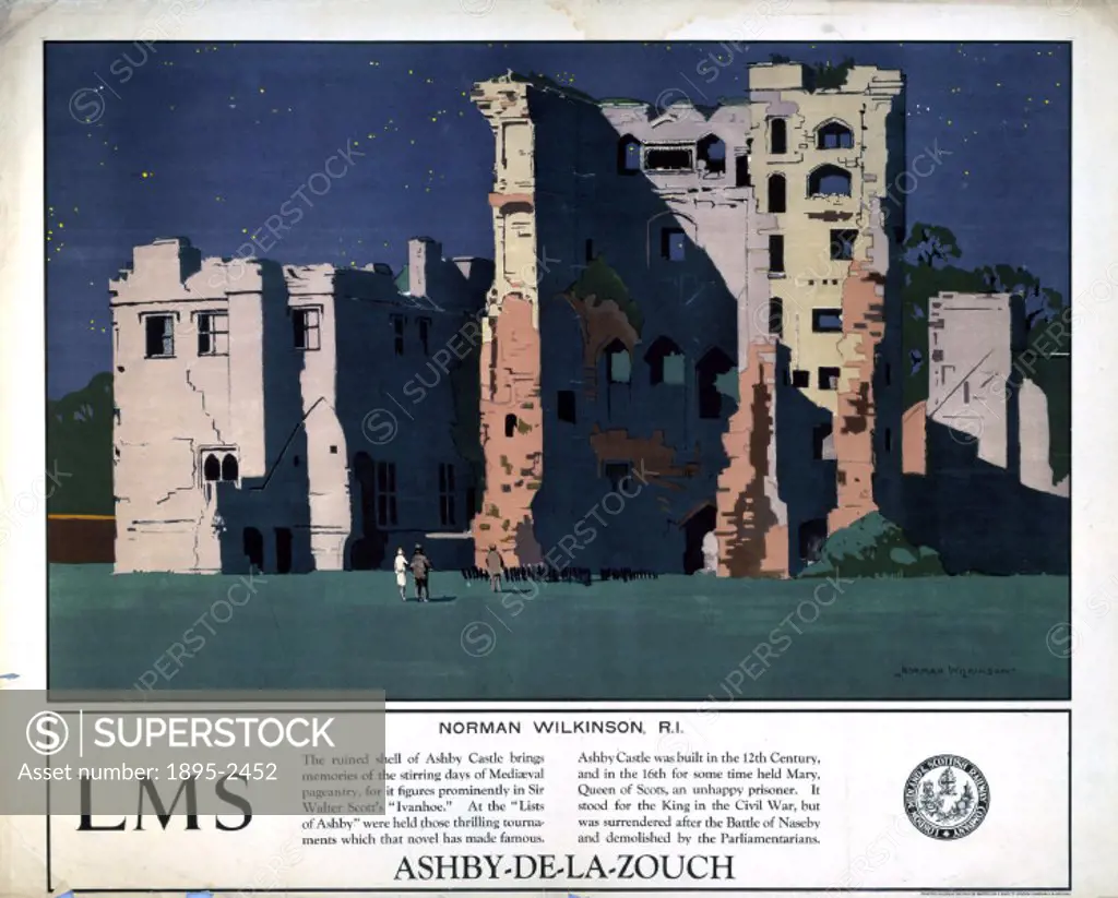 Poster produced for London, Midland & Scottish Railway (LMS) to promote rail services to Ashby Castle, Leicestershire. The poster shows a view of the ...