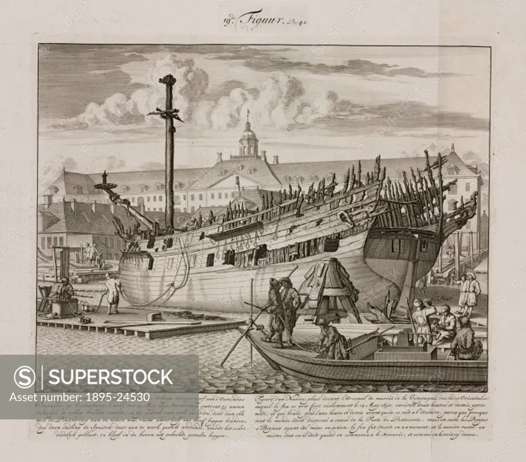 Engraving by Jan van der Heiden of a ship at the East India Company shipyard. The ship burst into flames on Whitsunday, 14 May 1690. Being a holiday, ...