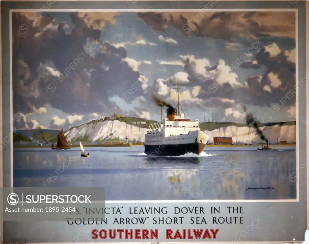 Poster produced for Southern Railway (SR) to promote sea services to the Continent on the Golden Arrow’ short sea route. The poster shows a view of t...
