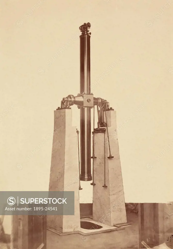 Photograph showing a zenith telescope used at the Royal Observatory of the Campidoglio, Rome in 1876. The German maker Ertel constructed this instrume...