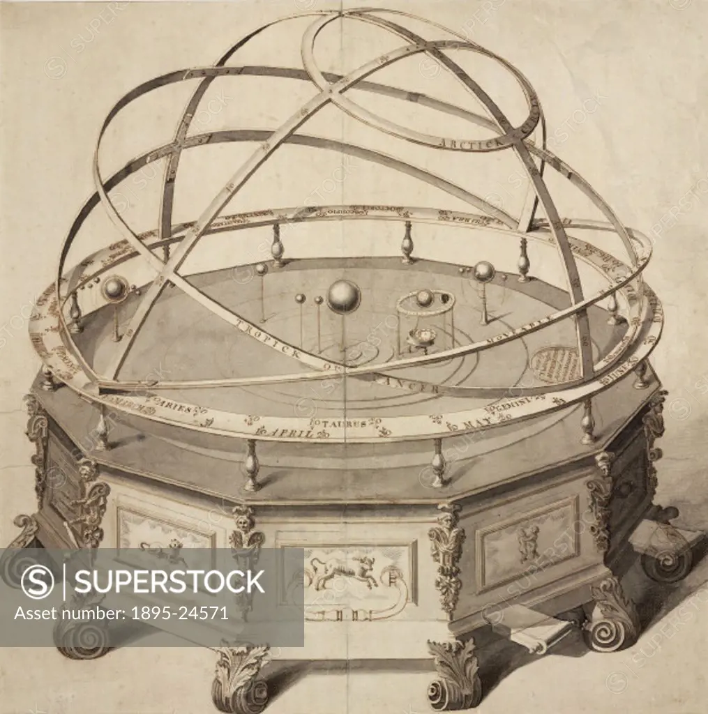 Pen and ink drawing of a planetary model made by Thomas Wright of Fleet Street, London. An orrery or planetarium is a demonstration model to show the ...