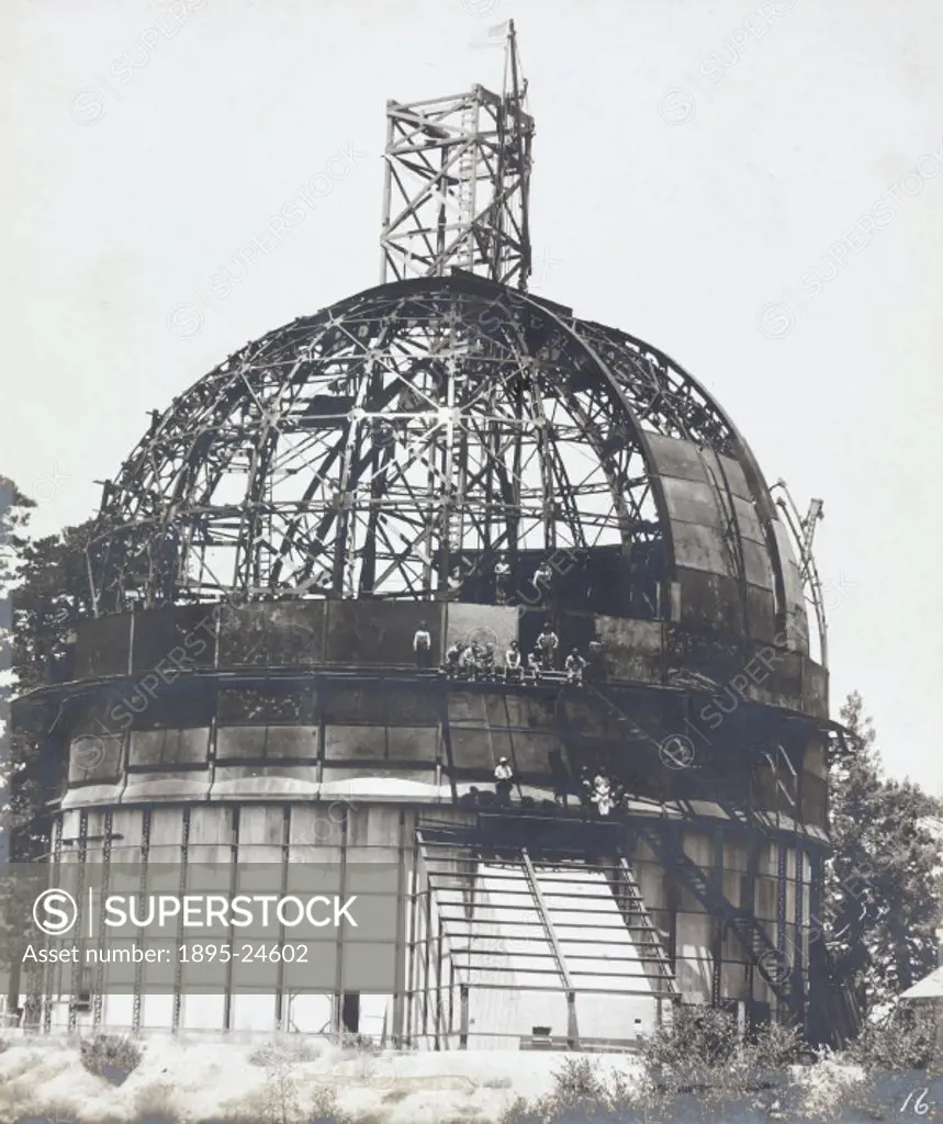 One of 41 bromide photographic prints related to and showing various stages in the construction of the Hooker 100 inch reflecting telescope at Mount W...
