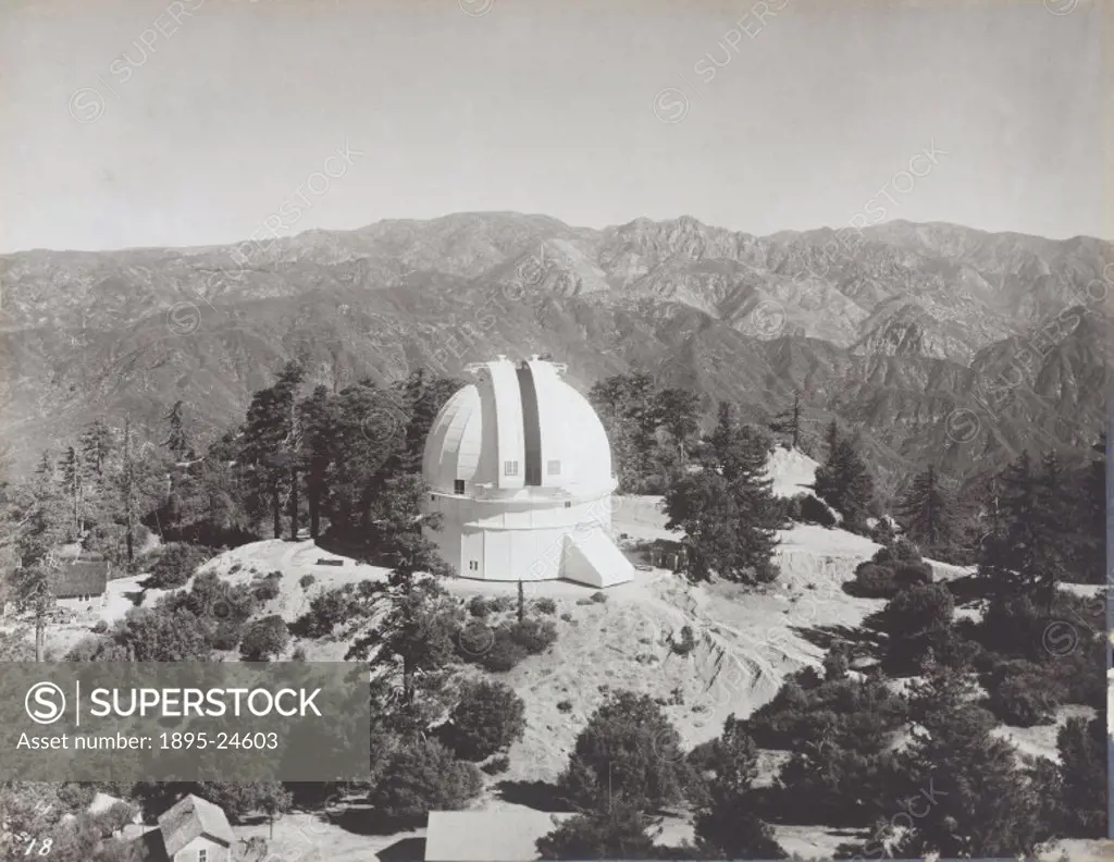 One of 41 bromide photographic prints related to and showing various stages in the construction of the Hooker 100 inch reflecting telescope at Mount W...
