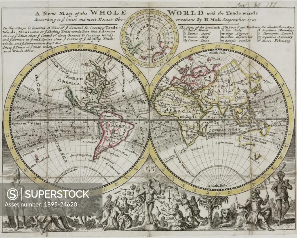 Advertising A new map of the Whole World with trade winds, according to the latest and most exact observations by H Moll, geographer, 1727’. Beneath ...