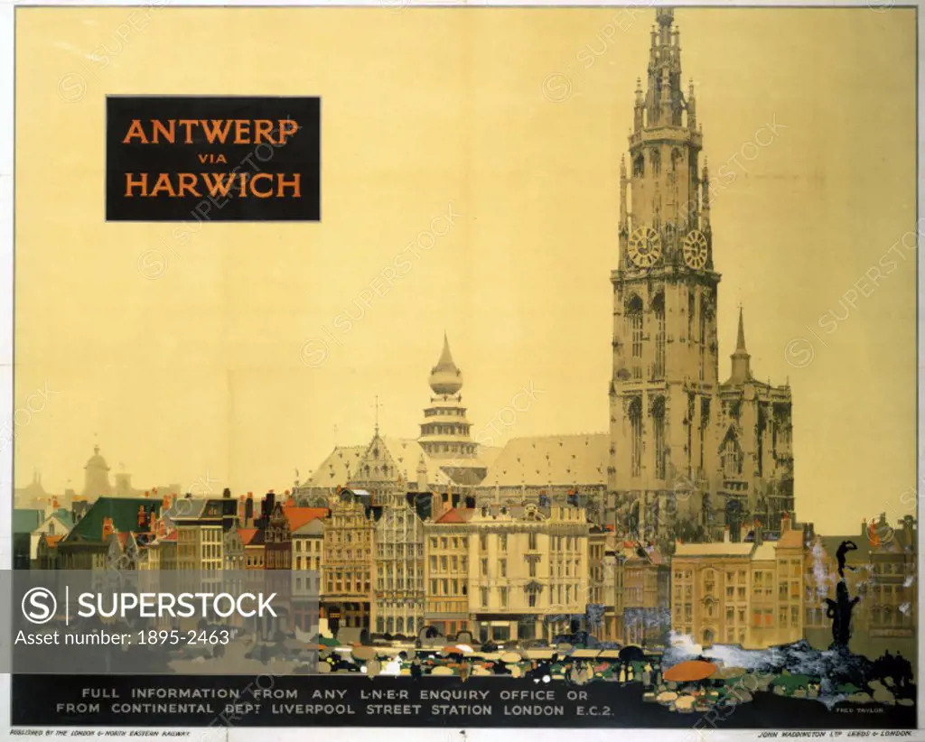 Poster produced for London & North Eastern Railway (LNER) to promote the companys ferry services to Antwerp via Harwich, Essex. The poster shows a vi...