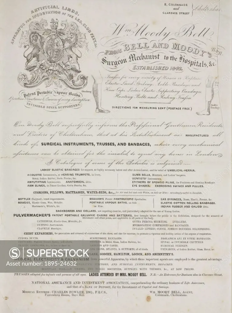 Advertisement for William Moody Bells medical supplies. Bell, ‘from Bell & Moodys Surgeon Mechanist to the Hospitals had premises at 8, Colonnade a...
