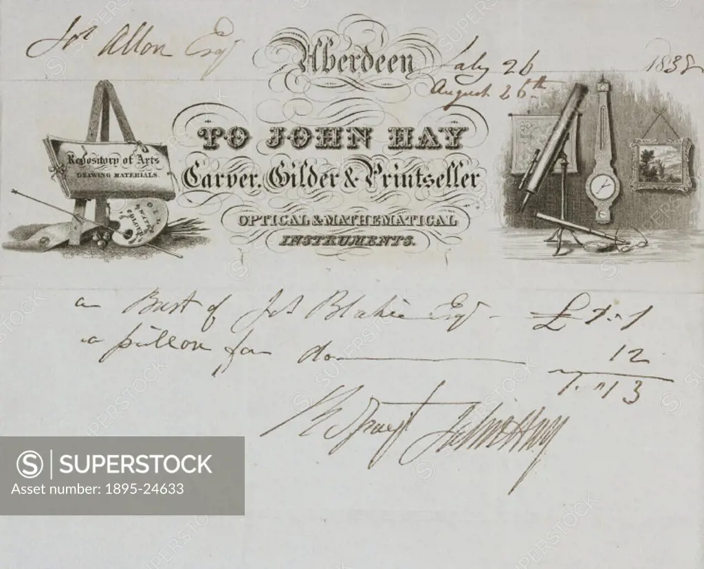 Receipt for the sale of a bust and pillar made by John Hay, carver, gilder and printseller and retailer of optical and mathematical instruments made o...