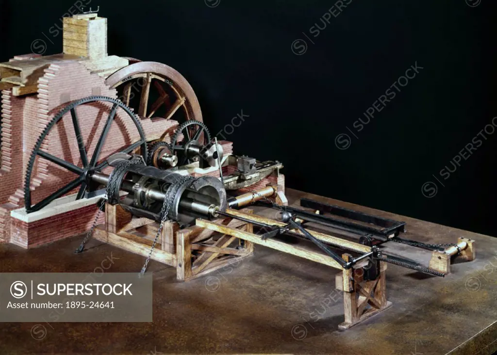 Model (scale 1:12). This boring mill was built by John Wilkinson (1728-1808) at his ironworks near Chester in 1775 and it was here that he developed h...